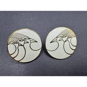 Vintage Laurel Burch Celestial Birds White Gold Round Cloisonne Enamel Earrings